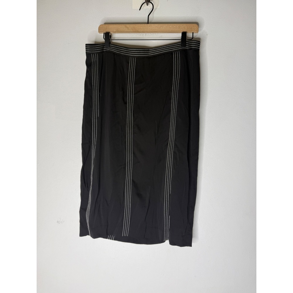 Ann Taylor Black Rayon Midi Skirt White Contrast Stitching Size 12